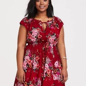 Red Challis Tie Floral Dress 0x NWOT